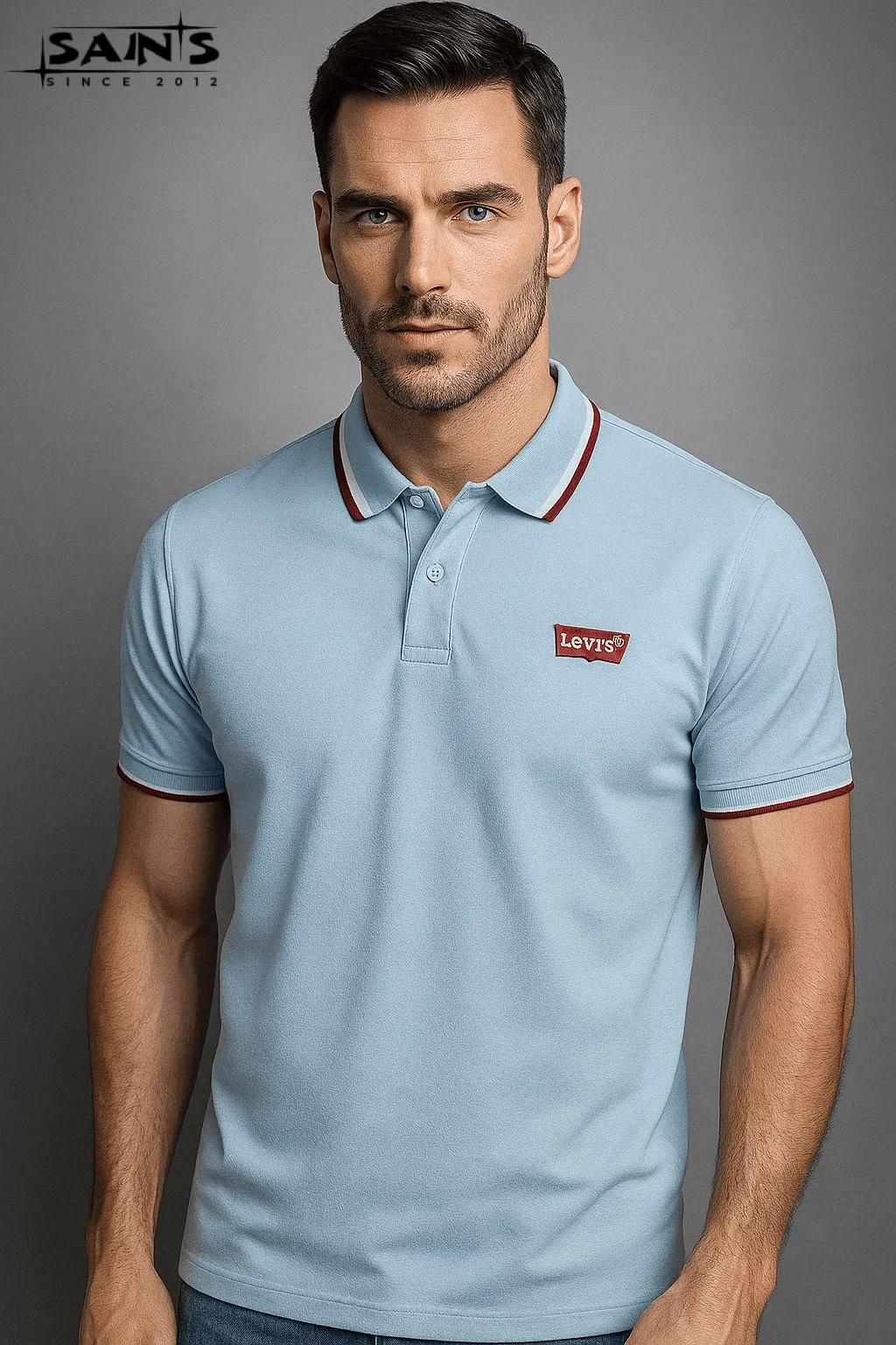 blue polo shirt